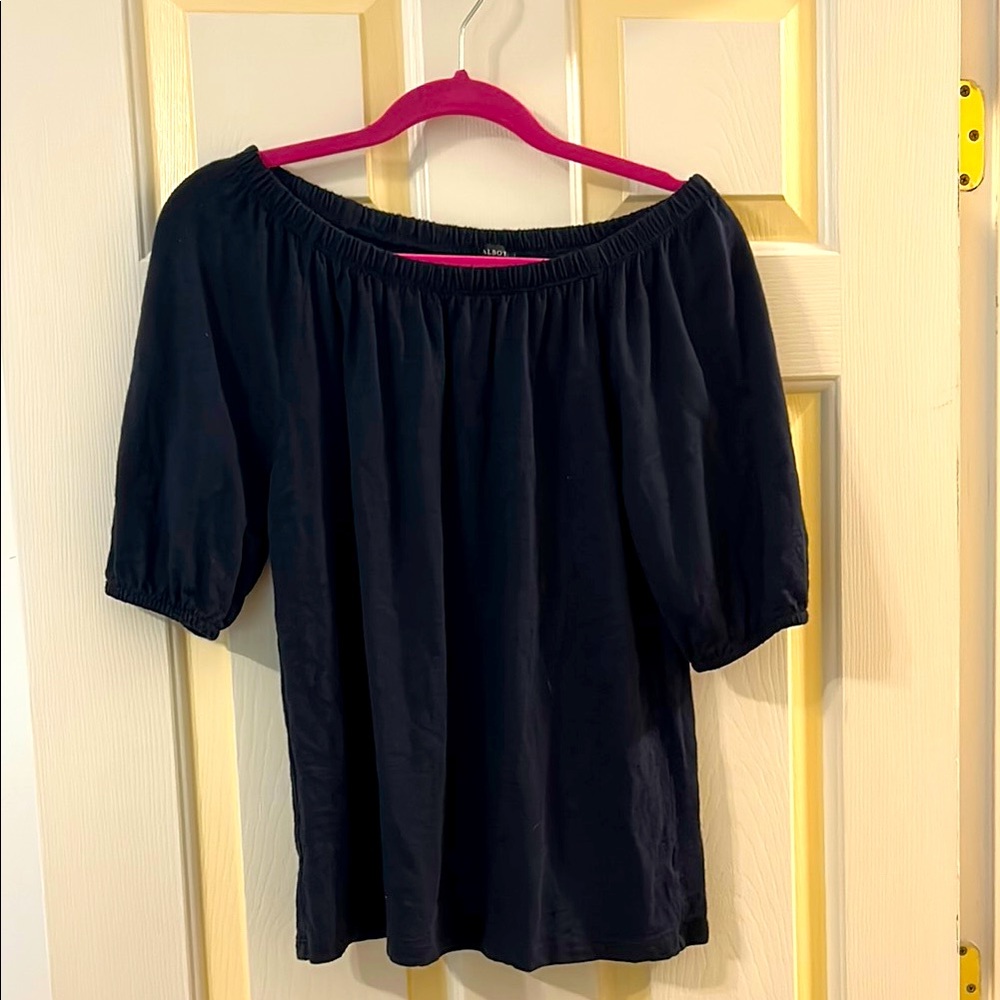 Talbots Navy Puff Sleeve Ruched Knit Top